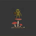 Green Winged Creature Holding Glowing Orb On Red Spotted Mushroom With Small Mossy Mushrooms
