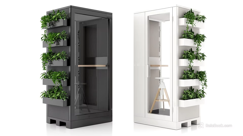 Black And White Indoor Plant Storage Cabinets With Glass Doors And Green Plant Shelves 3d model 