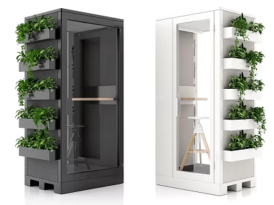 Black And White Indoor Plant Storage Cabinets With Glass Doors And Green Plant Shelves 3d model