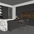 Modern Dark Kitchen Interior With Marble Island Wine Storage Cabinets And Bar Stools