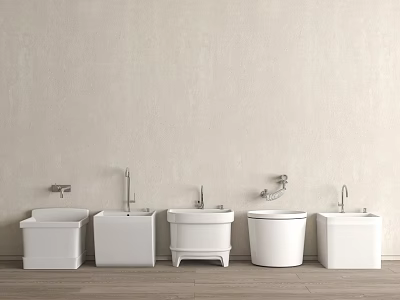 White Bathroom Fixtures Arranged In Row Against Light Colored Wall With Wooden Floor 3d model