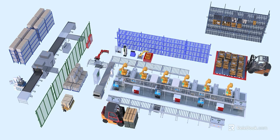 Industrial Equipment For Automated Production Line With Robotic Arms And Conveyor Belts 3d model 