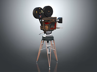 Vintage Black Red Film Projector on Tripod with Large Reels Classic Design 3d model