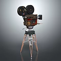 Vintage Black Red Film Projector on Tripod with Large Reels Classic Design