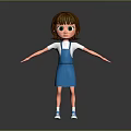 3D Child Character With Brown Hair Green Eyes Blue Overalls Dress And White Shirt