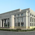 Elegant Neoclassical Office Building With Grand White Stone Exterior Classical Columns And Landscaped Front Area