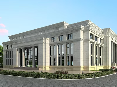 Elegant Neoclassical Office Building With Grand White Stone Exterior Classical Columns And Landscaped Front Area 3d model