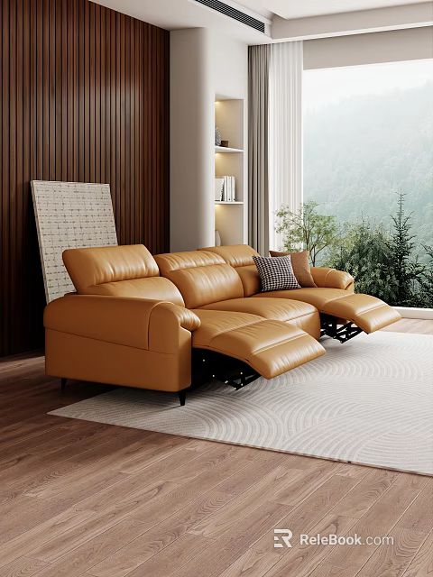 Brown Reclining Leather Sofa Set With Wooden Wall And Natural Window View 3d model 