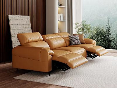 Brown Reclining Leather Sofa Set With Wooden Wall And Natural Window View 3d model