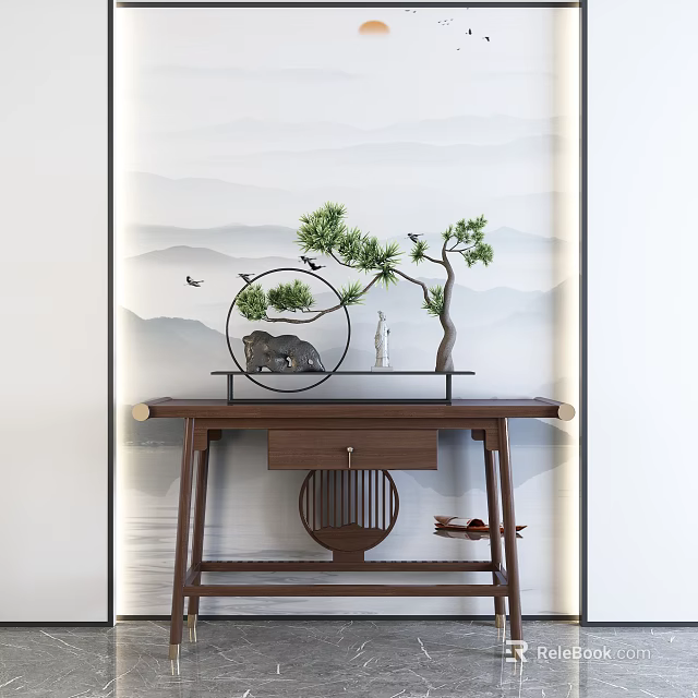 Solid Wood Chinese Entryway Console Table And Side Cabinet With Pine Decor And Landscape Backdrop 3d model