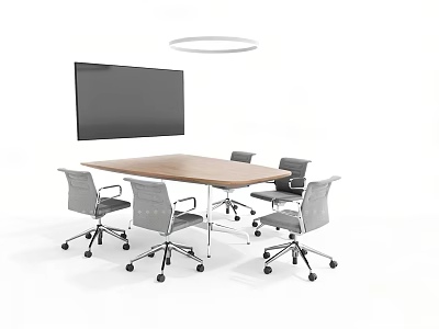 Modern Wooden Conference Table With Ergonomic Chairs Large Screen And Pendant Light 3d model