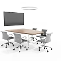 Modern Wooden Conference Table With Ergonomic Chairs Large Screen And Pendant Light