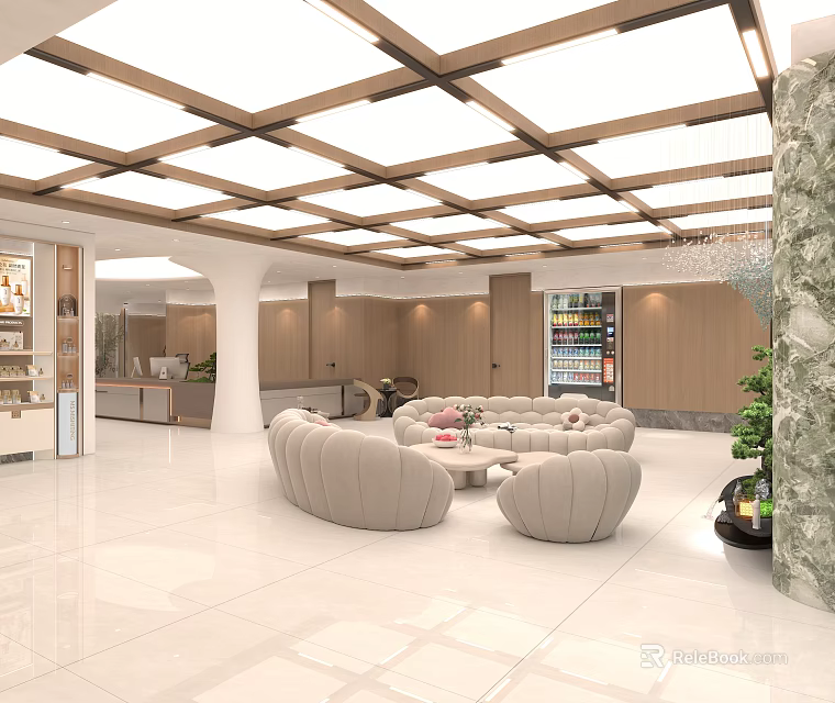 Luxurious Clubhouse Lobby With Marble Floor Wooden Ceiling And Beige Curved Sofas 3d model 