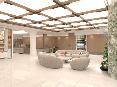 Luxurious Clubhouse Lobby With Marble Floor Wooden Ceiling And Beige Curved Sofas 3d model