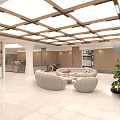 Luxurious Clubhouse Lobby With Marble Floor Wooden Ceiling And Beige Curved Sofas