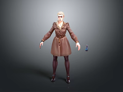 Woman wearing brown coat with belt and brown boots against gray background and small doll 3d model