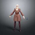 Woman wearing brown coat with belt and brown boots against gray background and small doll