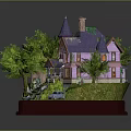 Whimsical Miniature Cartoon Scene With Purple Roof House Green Trees Steps Blue Car And Garage