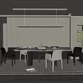 Modern Restaurant Featuring Gray Walls Round Table Black White Chairs Long Lights And Green Plant