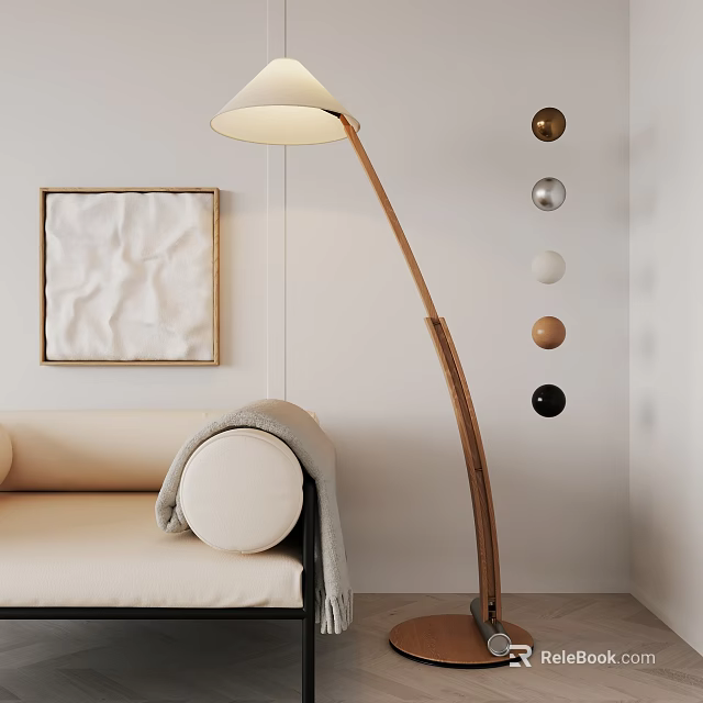 Modern Beige Sofa Living Room With Elegant Arc Floor Lamp And Circular Wall Decor 3d model 
