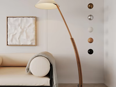 Modern Beige Sofa Living Room With Elegant Arc Floor Lamp And Circular Wall Decor 3d model