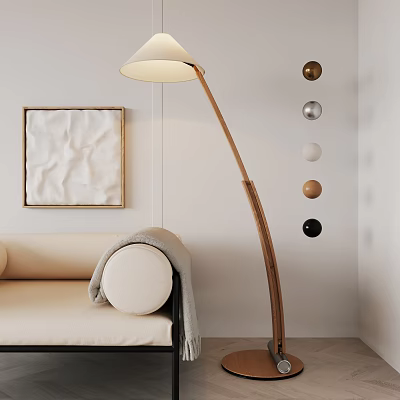 Modern Beige Sofa Living Room With Elegant Arc Floor Lamp And Circular Wall Decor 3d model