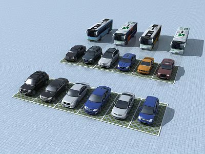 Various Cars Including Sedans and Buses Parked in Designated Parking Spaces 3d model