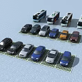 Various Cars Including Sedans and Buses Parked in Designated Parking Spaces