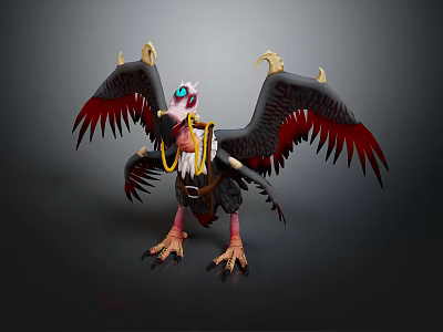Mythical Bird With Black Red Wings Golden Decorations Blue Eyes White Head And Orange Claws 3d model