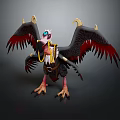 Mythical Bird With Black Red Wings Golden Decorations Blue Eyes White Head And Orange Claws