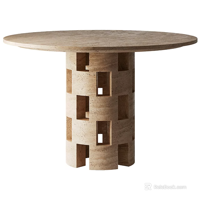 Round Light Colored Dining Table With Cylindrical Base And Hollow Cutout Details 3d model