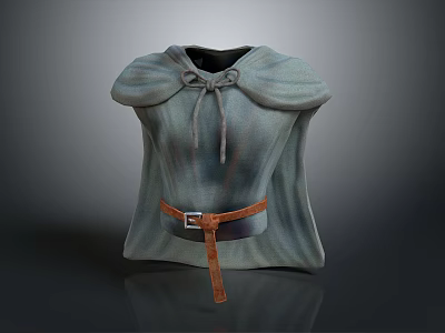 Stylish Gray Striped Cloak With Tied Neckline And Brown Leather Belt Buckle 3d model