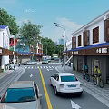 Vibrant Commercial Street with Modern and Traditional Architecture Store Signs Cars Pedestrians Bicycles Green Trees