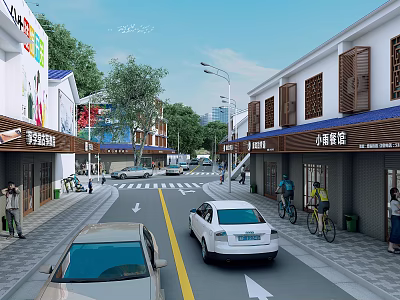 Vibrant Commercial Street with Modern and Traditional Architecture Store Signs Cars Pedestrians Bicycles Green Trees 3d model
