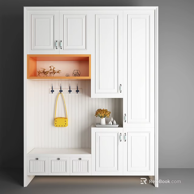 White Shoe Cabinet With Open Shelf Hooks Bench And Decorative Storage 3d model