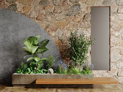 Indoor Plant Combination With Stone And Gray Curved Wall Mirror Long Planter And Wooden Bench 3d model