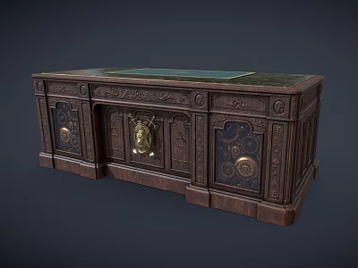 Dark Wooden Desk With Intricate Carved Details And Gold Accents Green Tabletop 3d model