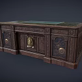 Dark Wooden Desk With Intricate Carved Details And Gold Accents Green Tabletop