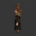 Man In Wizard Costume With Pointed Hat Black Robe And Badge Standing