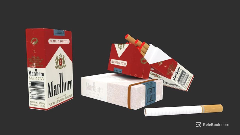Marlboro Cigarettes Pack Carton Open Box And Cigarettes 3d model 