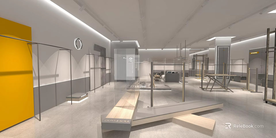 Modern Clothing Store Interior With Display Racks Clothing Racks And Display Platforms 3d model 