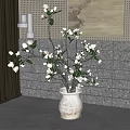 White Flowers in Ceramic Vase with Gray Tiled Wall Decorative Painting and Curtain