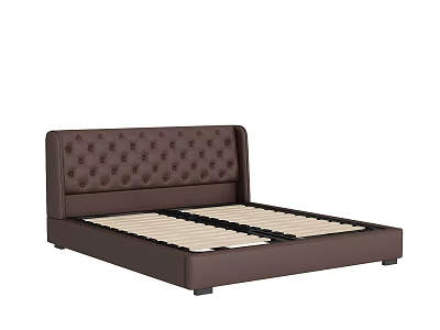 Stylish Double Bed with Tufted Brown Headboard and Brown Frame Featuring Wooden Slats 3d model