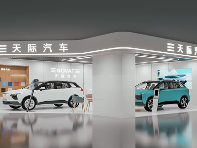 ENOVATE Car Showroom Displaying White And Blue SUV Vehicles With Modern Interior Design 3d model