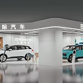 ENOVATE Car Showroom Displaying White And Blue SUV Vehicles With Modern Interior Design
