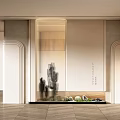 Modern Foyer Hallway Interior Design With Built in Cabinets Decorative Sculptures And Warm Lighting