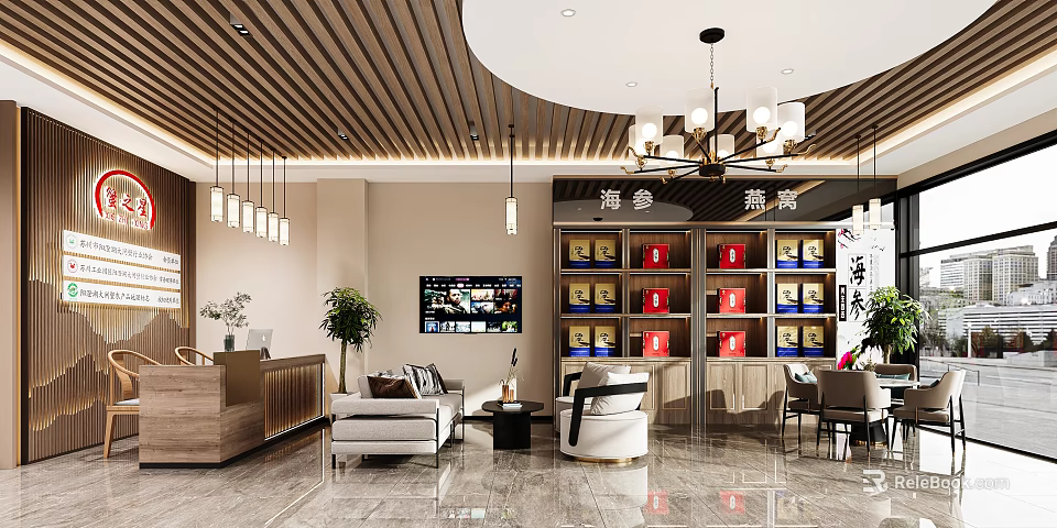 Elegant Sea Cucumber and Bird's Nest Specialty Store Interior with Display Shelves and Luxury Seating 3d model 