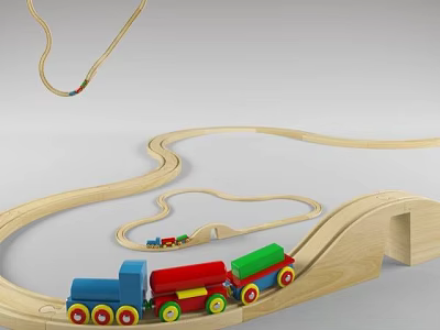 Wooden Block Train Set for Kids with Colorful Cars on Curved Track and Ramp 3d model