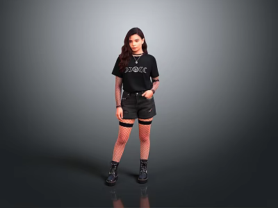Woman in Black CHAOS T Shirt Black Shorts Fishnet Stockings Black Boots on Grey Background 3d model
