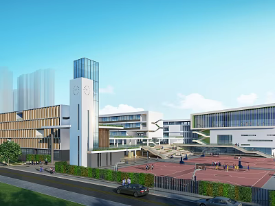 Modern School Building Exterior With Clock Tower Playground And Greenery Surroundings 3d model